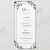 Navy Flourish Wedding Dinner Menu Kaarten (Voorkant / Achterkant)