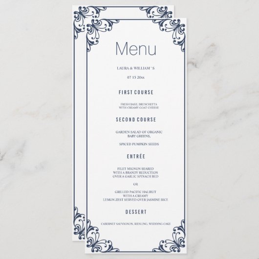 Navy Flourish Wedding Dinner Menu Kaarten (Voorkant / Achterkant)