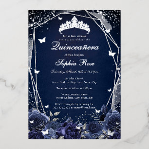 Navy Flower Tiara Silver Quinceanera Folie Uitnodiging