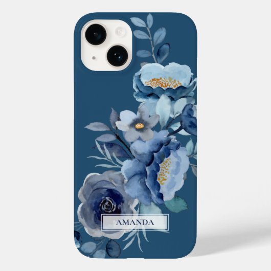 Navy Flowers | Blauwe persoonlijke naam Case-Mate iPhone Case (Achterkant)