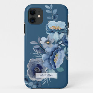 Navy Flowers   Blauwe persoonlijke naam iPhone 11 Hoesje
