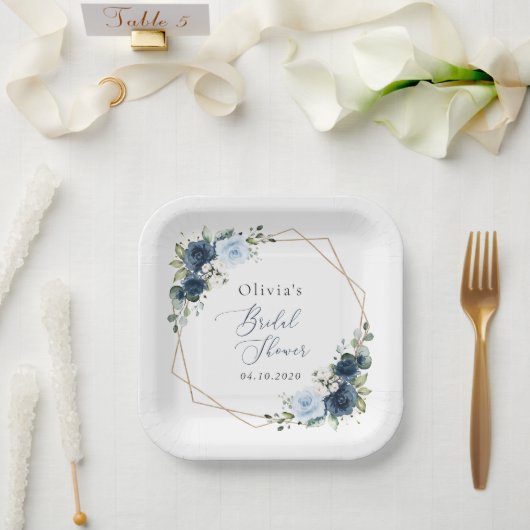 Navy Flowers, Blue Flowers, Boho, Vrijgezellenfees Papieren Bordje (Huwelijk)