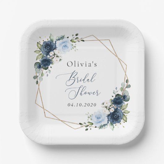 Navy Flowers, Blue Flowers, Boho, Vrijgezellenfees Papieren Bordje (Voorkant)