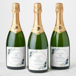 Navy Flowers, Blue Flowers, Greenery, Birthday Sparkling Wijnetiket