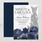 Navy Flowers & Silver Diamond Dress 90th Birthday Kaart (Voorkant / Achterkant)