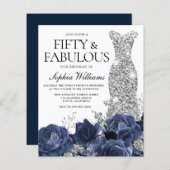Navy Flowers Silver Dress 50th Birthday Invitation (Voorkant / Achterkant)