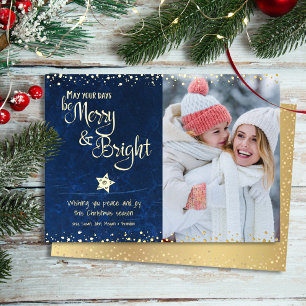 Navy Foto Dagen Merry Bright Schrift Echte Goud Folie Feestdagenkaart