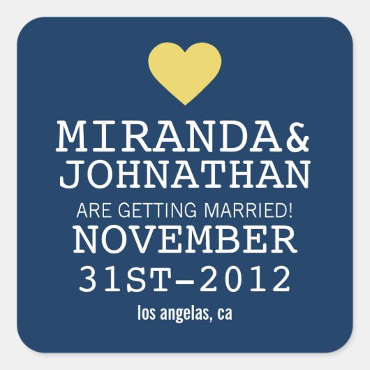 Navy & Geel Vet Hart Save The Date Stickers (Voorkant)