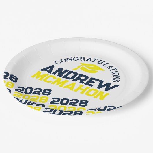 Navy, geel & wit gepersonaliseerd Afstuderen Papieren Bordje (Gekanteld)