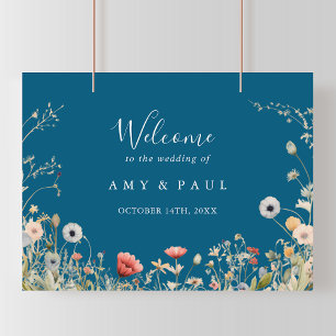 Navy Geluksvolle Boho Wildflower Trouw Welkom Poster