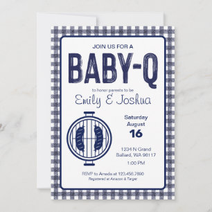 Navy Gingham Plaid Baby shower Invitation Kaart