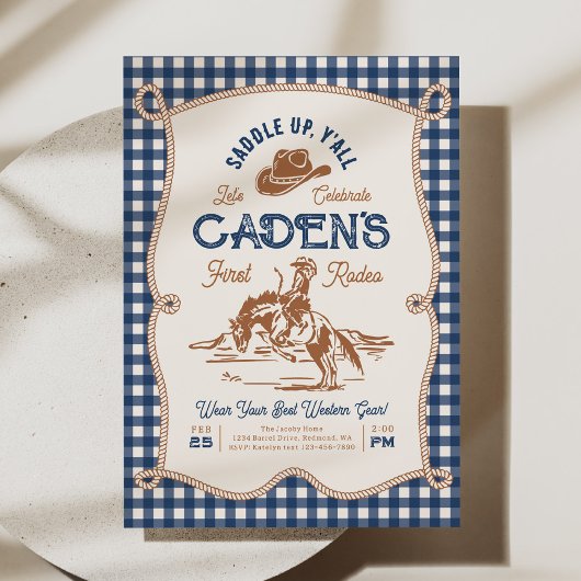 Navy Gingham Rope Rodeo Invitation
