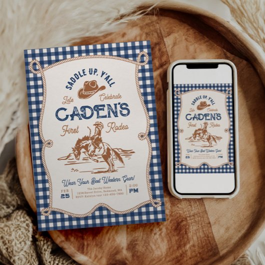 Navy Gingham Rope Rodeo Invitation Kaart