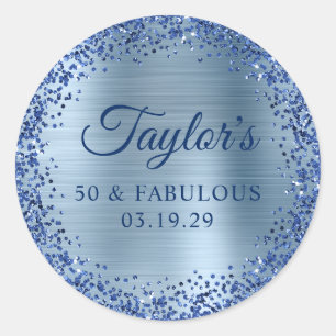 Navy Glitter Lichtblauwe Folie 50 & Fabulous Ronde Sticker