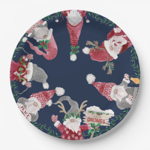 Navy Gnomes Red Grey Christmas Waterverf Foliage Papieren Bordje