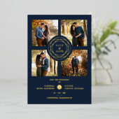 Navy Gold 4 Foto's Modern Collage Wedding Script Folie Uitnodiging (Staand Voorkant)