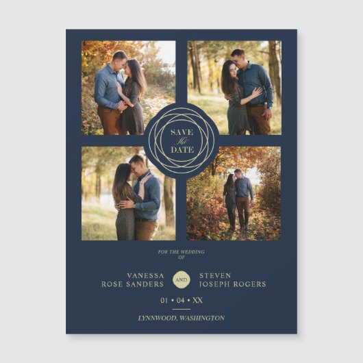 Navy Gold 4 Photos Modern Collage Wedding Script (Voorkant)