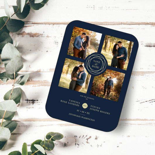 Navy Gold 4 Photos Modern Collage Wedding Script Magneet