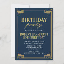 Navy Gold Art Deco 80th Birthday Party Invitation