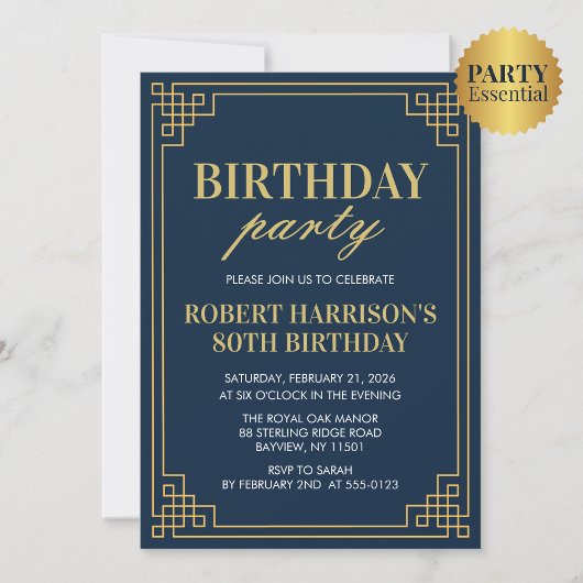 Navy Gold Art Deco 80th Birthday Party Invitation Kaart