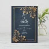 Navy Gold  Bloemen Huwelijksuitnodiging Kaart (Staand voorkant)