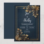 Navy Gold  Bloemen Huwelijksuitnodiging Kaart (Voorkant / Achterkant)