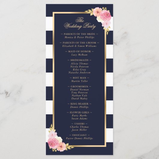 Navy Gold Blush Roze Waterverf Bloemen Huwelijk Programma (Achterkant)