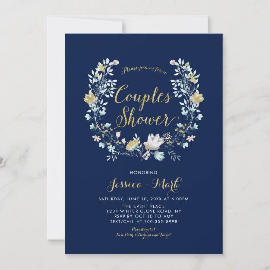 Navy & Gold Boho Floral Couples Wedding Shower IV Kaart (Voorkant)