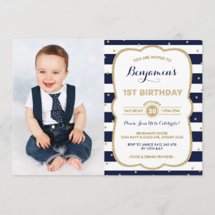 Navy Gold Boy 1st Birthday Invitation Prince Party Kaart
