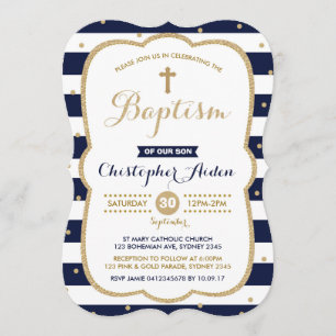 Navy & Gold Boy Baptism Invitation Confetti Kaart