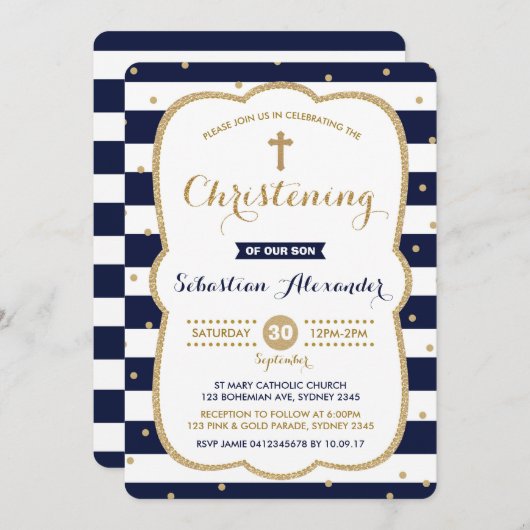 Navy & Gold Boy doopuitnodiging Confetti Kaart (Voorkant / Achterkant)