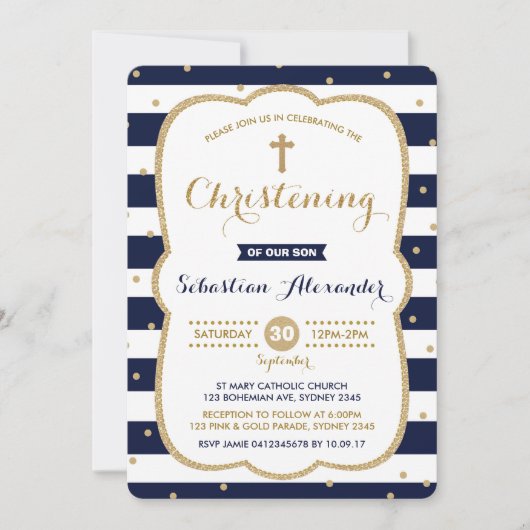 Navy & Gold Boy doopuitnodiging Confetti Kaart (Voorkant)