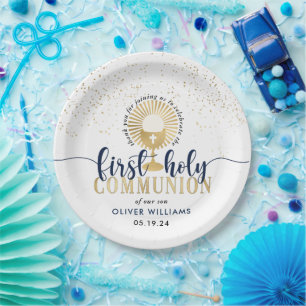 Navy & Gold Boy First Heilige Communie Dank u  Papieren Bordje