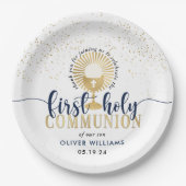 Navy & Gold Boy First Heilige Communie Dank u Papieren Bordje (Voorkant)