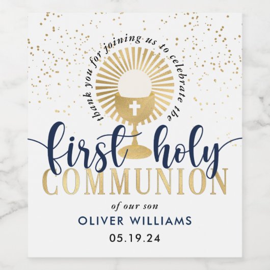 Navy & Gold Boy First Heilige Communie Dank u Wijn Etiket (Enkel label)