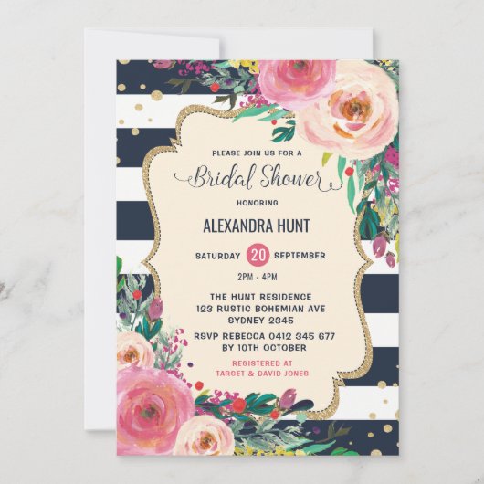 Navy Gold Bridal Shower Invitation Rustic Floral Kaart (Voorkant)