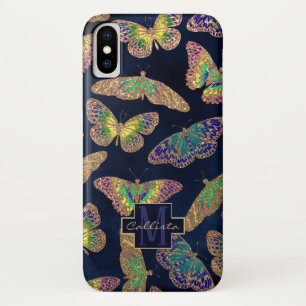 Navy Gold Butterflies Glitter Waterverf Monogram iPhone X Hoesje