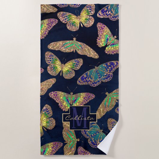 Navy Gold Butterflies Glitter Waterverf Monogram Strandlaken (Voorkant)
