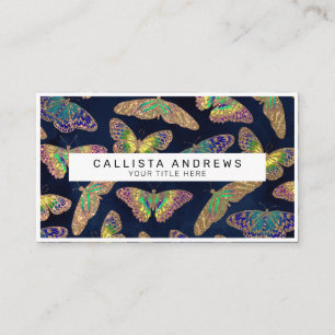 Navy Gold Butterflies Glitter Waterverf Monogram Visitekaartje