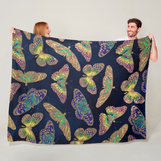 Navy Gold Butterflies Glitter Waterverf Patroon Fleece Deken (In situ)