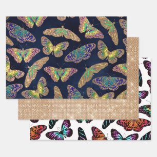Navy Gold Butterflies Glitter Waterverf Patroon Inpakpapier Vel