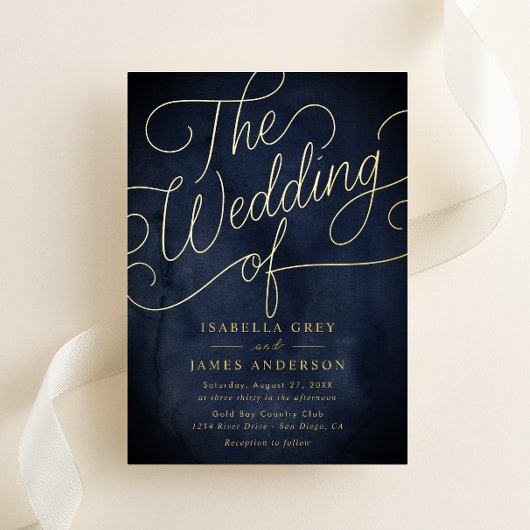 Navy Gold Calligraphy Script Wedding Folie Uitnodiging