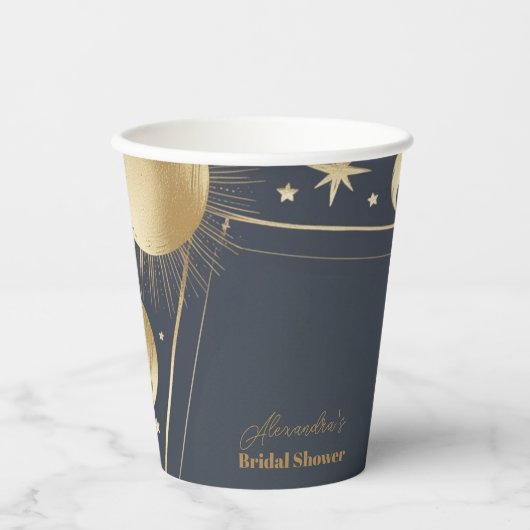 Navy Gold Celestial Crescent Moon Vrijgezellenfees Papieren Bekers (Voorkant)