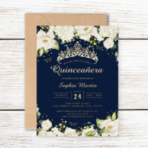 Navy Gold Champagne Bloemen Quinceanera Folie Uitnodiging