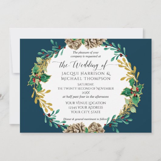 Navy Gold Christmas Pine Cone Greenery Wedding Kaart (Voorkant)