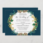 Navy Gold Christmas Pine Cone Greenery Wedding Kaart (Voorkant / Achterkant)