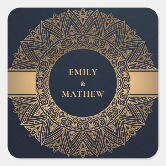 NAVY GOLD CLASSIC MANDALA WEDDING VIERKANTE STICKER (Voorkant)
