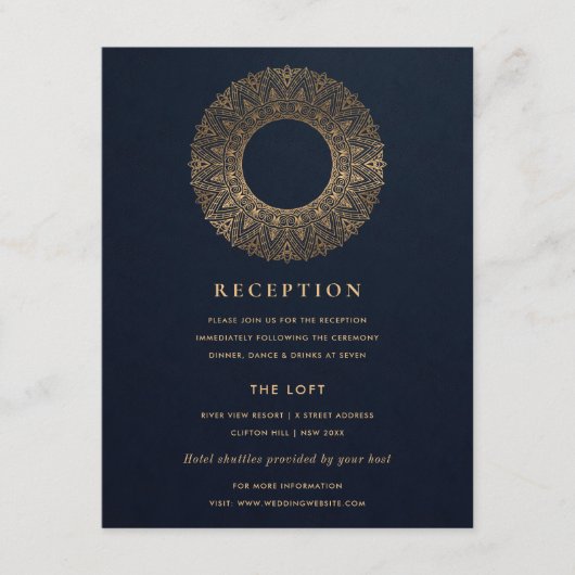 NAVY GOLD CLASSY MANDALA WEDDING RECEPT INFORMATIEKAARTJE (Voorkant)