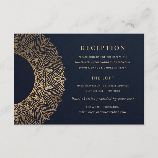 NAVY GOLD CLASSY MANDALA WEDDING RECEPT INFORMATIEKAARTJE (Voorkant)