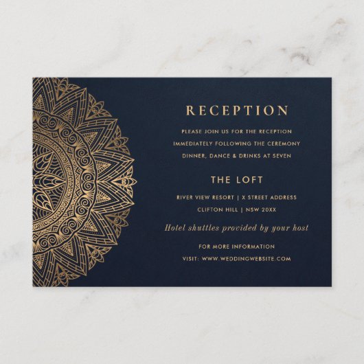 NAVY GOLD CLASSY MANDALA WEDDING RECEPT INFORMATIEKAARTJE (Voorkant)